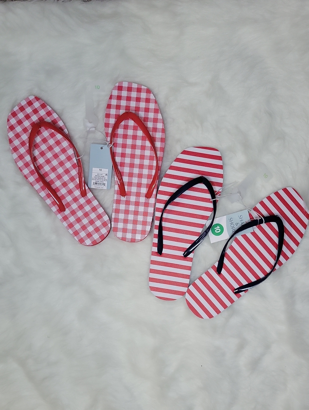 (2) Patterned Duo - Red & White Print & Red, White & Blue Flip Flops Size: 10